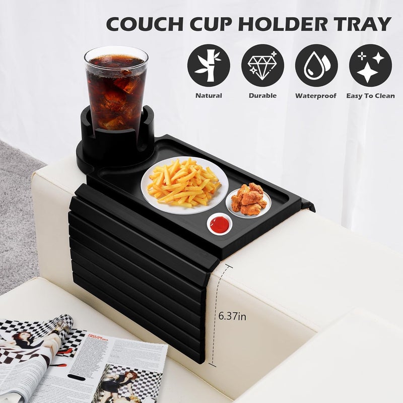 GHKINMAL Couch Cup Holder Tray, 3 in 1 Large Couch Arm Trays,Bamboo Chair Clip on Tray with 360° Ratated Phone Holder for Couch,Armrest Tray for Snacks,Remote,Phone - Image 2
